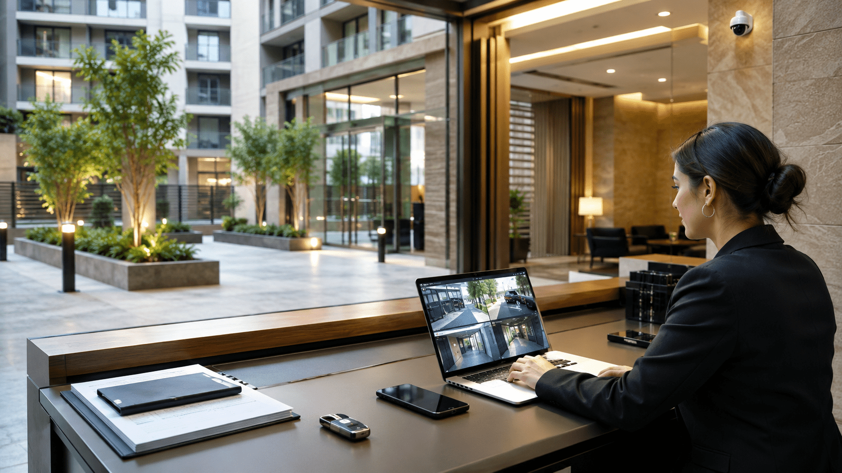 Recepcionista trabajando en un mostrador con un portátil y varios dispositivos en el vestíbulo de un edificio moderno